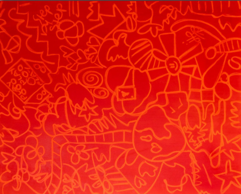 Abstract artwork by Iser Art in vivid red and orange, featuring numerous intertwined lines, stylized faces, figures and graphic symbols.